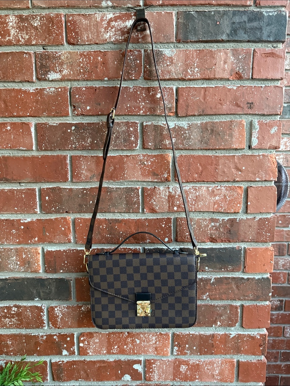 Brown Checkered Top-Handle Crossbody Bag with Gold Hardware